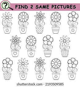 Find same pictures.Black and white flowers in flower pots. Educational logical game for children., coloring page. Vector illustration.