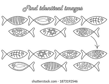 Find the same pictures-educational game for children. Set with silhouettes of simple fish with a pattern . Preschool educational game. Vector illustration