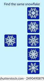 Find the same snowflake. Worksheet for children's activity book. Winter vector illustration.