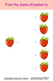 Find the same strawberry. Vector illustration on a white background for children's entertainment, activity book, worksheet.