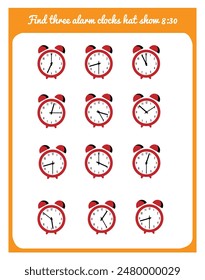 Find the Same Time on Alarm Clock Game for Children. Educational materials for a child vector