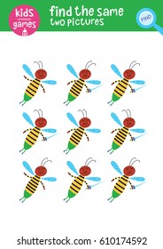 Find the same two pictures. Kids learning games collection. Cute wasp.