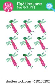 Find the same two pictures. Kids learning games collection. Cute dragonfly.