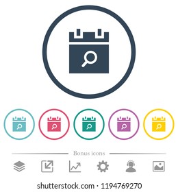 Find schedule item flat color icons in round outlines. 6 bonus icons included.