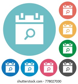 Find schedule item flat white icons on round color backgrounds