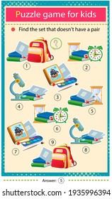 Find a school set that does not have a pair. Puzzle for kids. Matching game, education game for children. School supplies. Worksheet to develop attention.