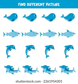 Find sea animal which is different from others. Worksheet for kids.