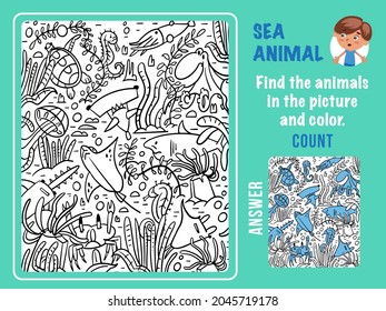 Find sea animals. Game for children. Hidden Objects Puzzle. Funny cartoon characters. Black and white outline for coloring. Vector illustration.