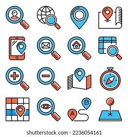 Find and Search Related Icons Set on White Background. Line Style Vector