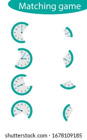 Find the second part of clocks for children, fun education game for kids, educational task for the development of logical thinking, preschool worksheet activity, vector illustration