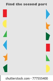 Find the second part of different colorful geometric shapes for children, fun education game for kids, preschool activity, vector illustration