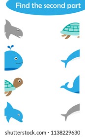 Find the second part of ocean animals for children, fun education matching game for kids, educational task for the development of logical thinking, preschool worksheet activity, vector illustration