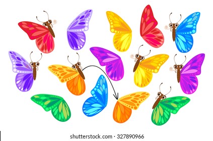 Find a second wing for a butterfly. Children puzzle game. Funny cartoon character. Vector illustration. Isolated on white background
