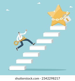 Find secret key for great success in business or study, striving and motivation for high results, use new opportunities to achieve goals, career growth, man with key runs up stairs to star with lock.