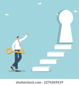 Find the secret key to success, ladder of career growth and personal improvement, motivation and opportunities for business growth, a businessman holds a golden key and points to a keyhole with steps.