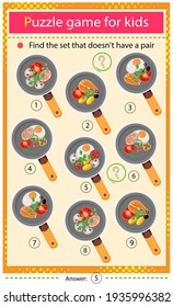 Find a set that does not have a pair. Puzzle for kids. Matching game, education game for children. Frying pans and products. Food and meals. Dishes and crockery. Worksheet to develop attention.