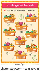 Find a set that does not have a pair. Puzzle for kids. Matching game, education game for children. Baskets with toys. Worksheet to develop attention.