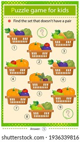 Find a set that does not have a pair. Puzzle for kids. Matching game, education game for children. Baskets of vegetables. Cabbage, beetroot, tomato, eggplant, pumpkin, carrot, zucchini.