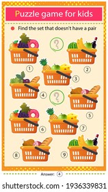 Find a set that does not have a pair. Puzzle for kids. Matching game, education game for children. Grocery baskets or food baskets with goods. Shop and purchases. Worksheet to develop attention.