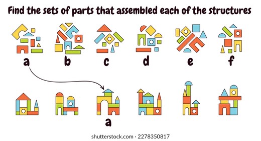 Find the sets of parts that assembled each of the structures. Matching game. Educational game for children. Colorful vector illustration. Isolated on white background