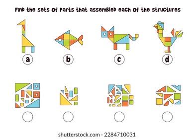 Find the sets of parts that assembled each of the structures. Matching game. Educational game for children. Colorful vector illustration. Isolated on white background