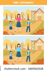 Find seven differences between two pictures. Mother and children go to school.