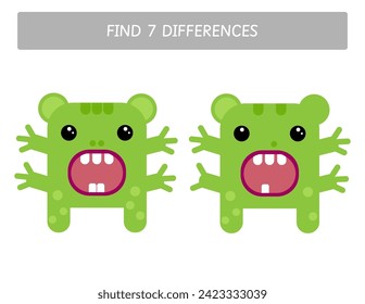 Find seven differences between two green monsters worksheet for preschool and kindergarten kids. Visual skills activity for winter. Educational printable game	