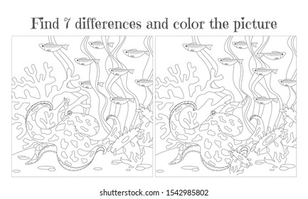 Find the seven differences and color the picture. Octopus at the bottom of the algae and fish. Vector