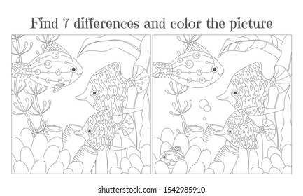Find the seven differences and color the picture. Decorative fish among the algae in the aquarium. Vector