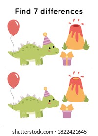 Find seven differences. Cute Stegosaurus dinosaur with balloon and gift. Birthday theme. Educational game for preschool kids.