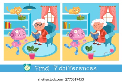 Find seven differences educational game for kids with grandmother and robot. Two similar vector pictures show cozy room with grandma reading book and cute pink robot assistant. Fun logical puzzle
