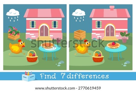Find seven differences educational game for kids with chicken and house. Two similar vector pictures show funny hen running near pink cottage with pie on table. Fun logical puzzle helps children