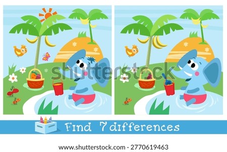Find seven differences educational game for kids with cute elephant on beach. Two similar vector pictures show baby animal playing in water under tropical palm trees. Fun logical puzzle helps children