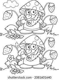 Find seven differences. Elf with strawberries. Coloring page outline of the cartoon game. Colorful vector illustration of educational game for preschool children, summer coloring book for kids. 