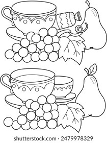 Encuentra siete diferencias. С, frutas, caramelos. Dibujo para colorear contorno del juego de dibujos animados. Colorida Ilustración vectorial de juego educativo para niños preescolares, libro para colorear de verano para niños. 