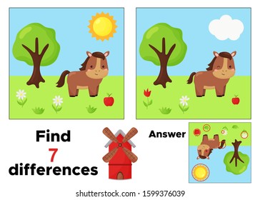 Find seven differences. Kawaii cartoon horse. Farm animals. Educational game for preschoolers. Vector illustration.