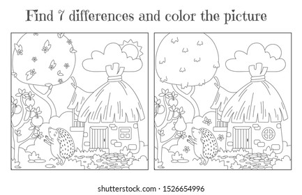 Find seven differences and paint a picture. Hedgehog near the forest hut reaches for fruit. Vector