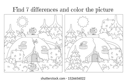 Find seven differences and paint a picture. A house made of an old broken Cup in the woods. Vector