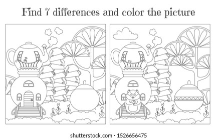 Find seven differences and paint a picture. A samovar house surrounded by cups and a sugar bowl in a forest of lemon trees. Vector