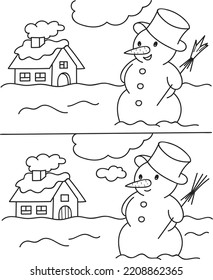 Find seven differences. Snowman with the house. Coloring page outline of the cartoon game. Colorful vector illustration of educational game for preschool children, winters coloring book for kids. 