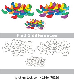 Find the several differences between pictures, the simple educational kid game for preschool kids, the Rainbow jellybeans