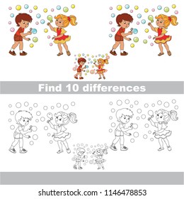 Find the several differences between pictures, the simple educational kid game for preschool kids, the Children playing soap bubbles