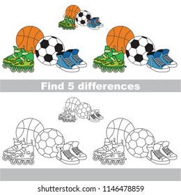 Find the several differences between pictures, the simple educational kid game for preschool kids, the Sport Toys Balls and roller skates