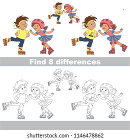 Find the several differences between pictures, the simple educational kid game for preschool kids, the Children Roller skating on a roller skates
