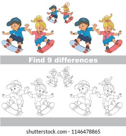 Find the several differences between pictures, the simple educational kid game for preschool kids, the Children Sport skateboarding