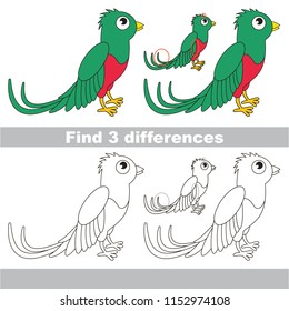 Find the several differences between pictures, the simple educational kid game for preschool kids. The Quetzal