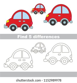 Find the several differences between pictures, the simple educational kid game for preschool kids. The red car