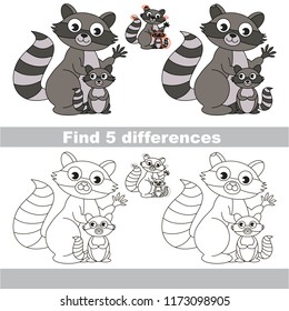 Find the several differences between pictures, the simple educational kid game for preschool kids. Mom and her infant Raccoon