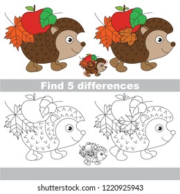 Find the several differences between pictures, the simple educational kid game for preschool kids. Forest Animal Autumn Hedgehog