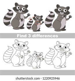 Find the several differences between pictures, the simple educational kid game for preschool kids. Forest Animal Raccoon